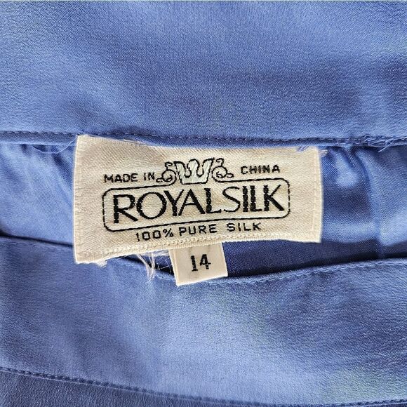 Vintage Royal Silk 100% Pure Silk High Waist Knee Length Blue Pencil Skirt Sz 14 - Picture 7 of 9